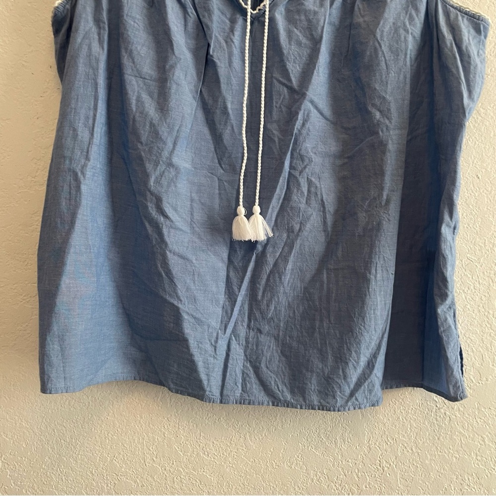 TALBOTS Tank Top 1XP Chambray Embroidered Tassel Tie Popover Shell Cotton Blue - Picture 6 of 7
